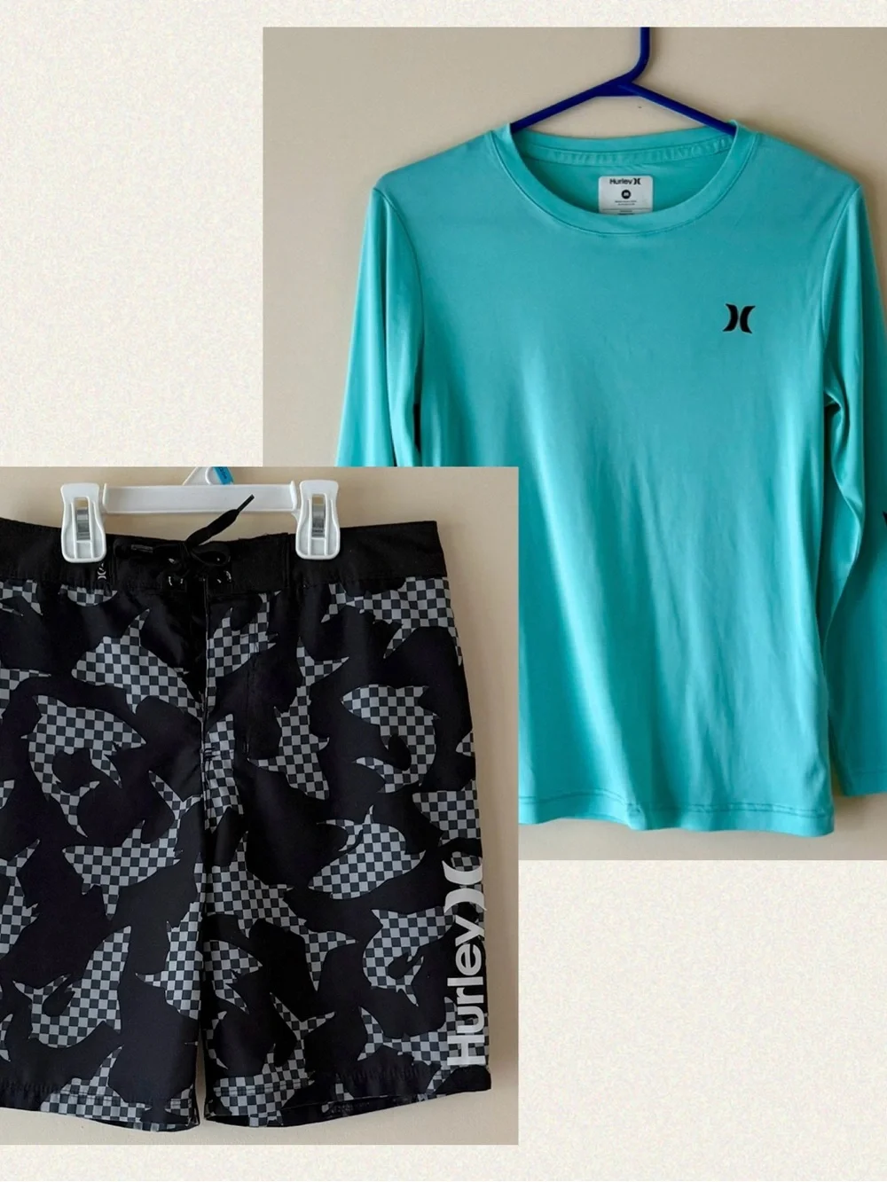 Hurley Boys Aqua Long-Sleeve Rash Guard and Black Camo Swim Trunks Size M/10-12y